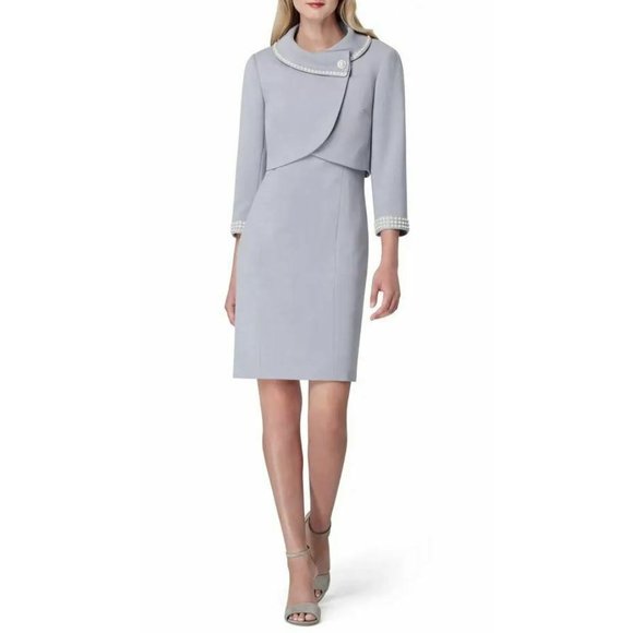 Tahari Women's Imitation Pearl Jacket & Sheath Dress Silver Grey Size 14 $399